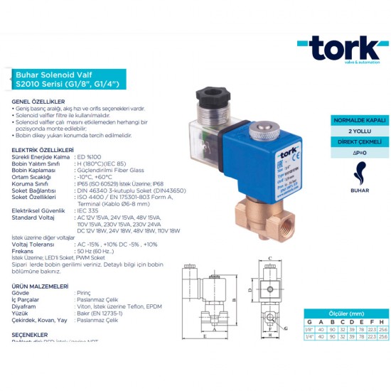 Sms Tork S2010.05.170T  1" Solenoid Buhar Vanası N.K. ORF. 17 mm Pirinç