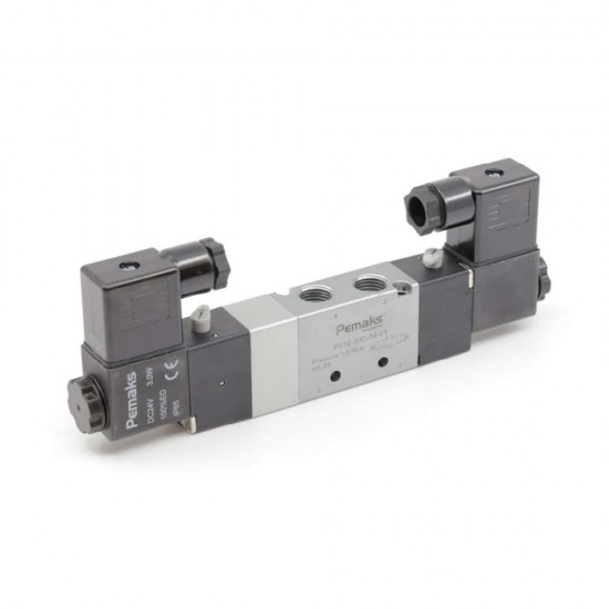 Pemaks PV1 Serisi 5/3-1/4 Çift Bobin Solenoid Valf Kapalı Merkez 24VDC